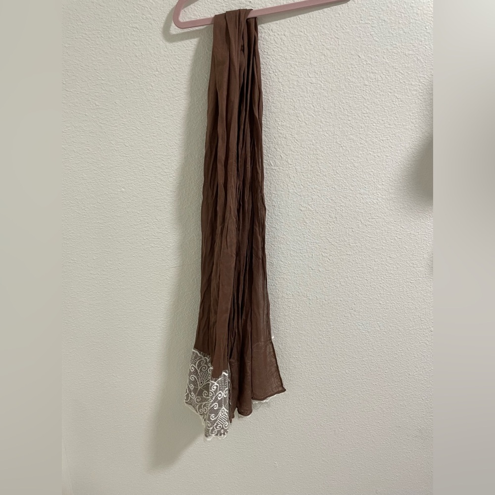 Brown Scarf with White Lace Trim